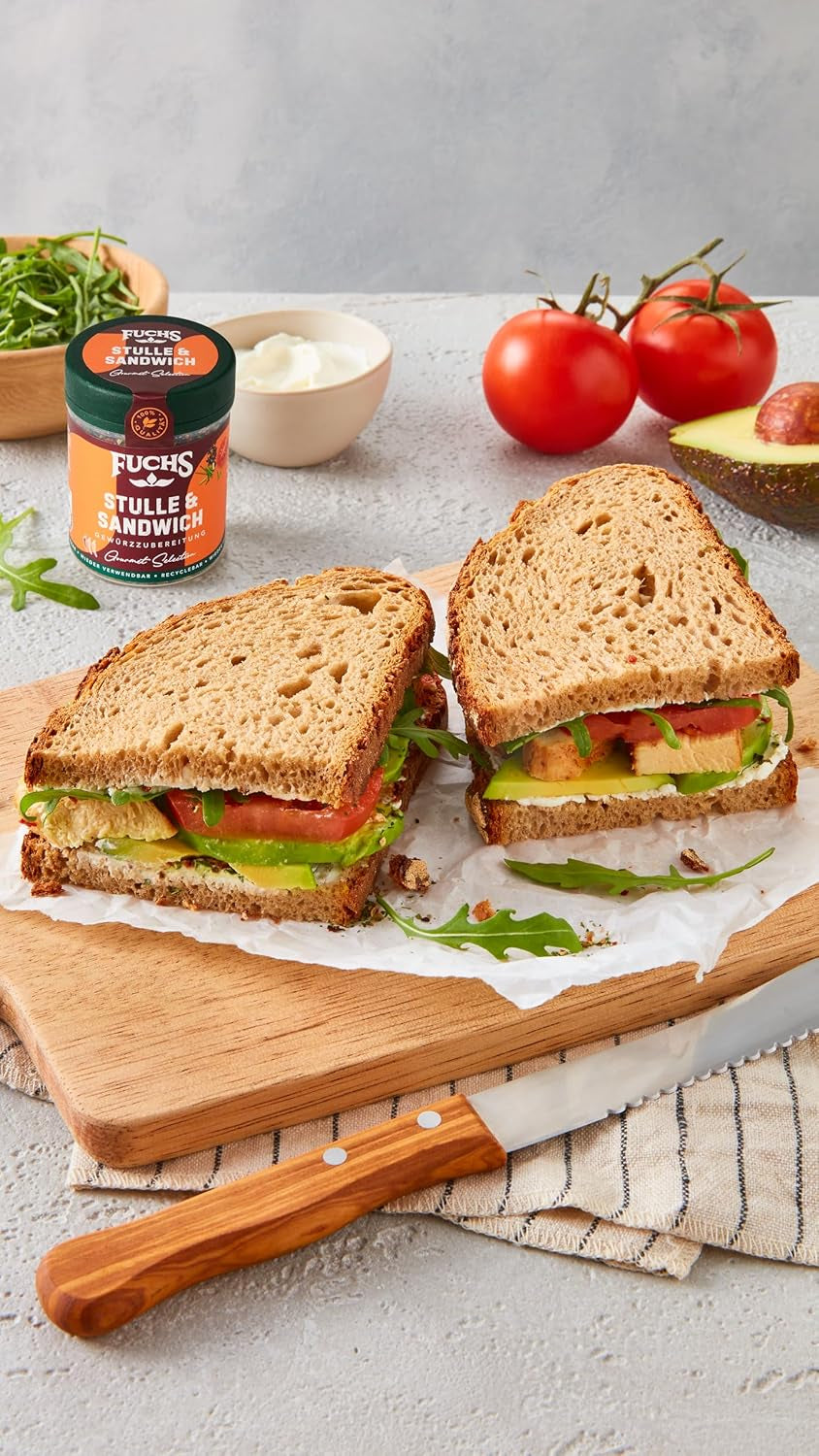 Fuchs Gewürze - Stulle und Sandwich Gewürz - crujiente Butterbrot Topping mit Pyramidenflocken und getoasteten Zwiebeln - aus natürliche Ingrediente - 50 g en wiederverwendbarer, recyclebarer Dosis