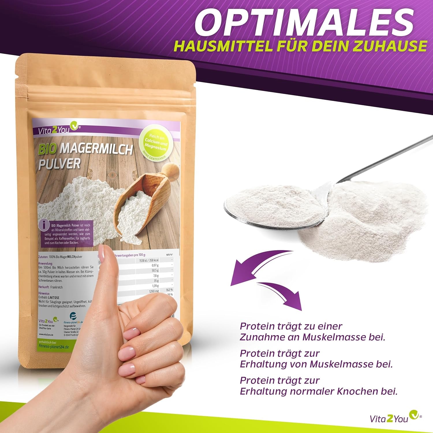 Vita2You Bio Leche Desnatada en Polvo 1000g - 100% Bio Qualität - para hornear - Kaffeeweißer - Milchpulver für Joghurts - 1kg - Premium Qualität