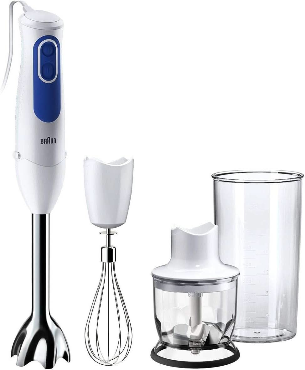 Braun Multiquick 3 MQ 3000 Smoothie+ Stabmixer - Pürierstab Mit 2 Geschwindigkeiten, Powerbell plus Und Splashcontrol-Technologie, 700 Watt, Inkl. 600 Ml Mix- & Messbecher, Blau/Weiß Cocina Naty Shop Mq3025 Tortilla