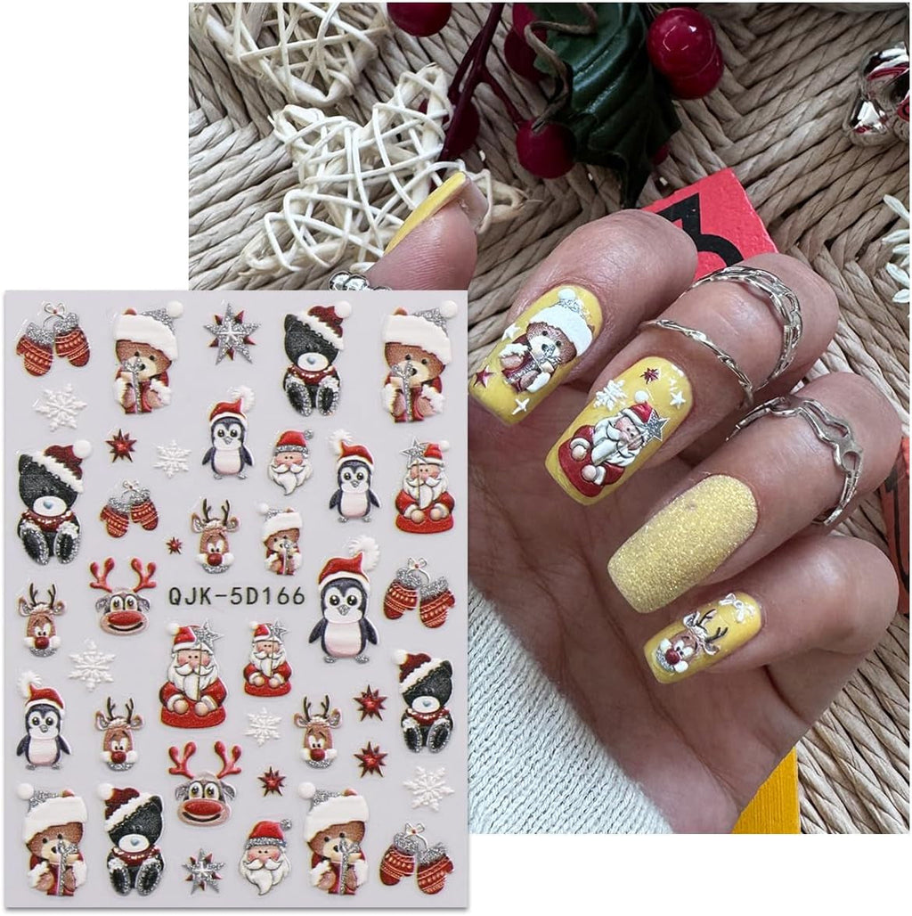 JMEOWIO 3D Nagelsticker Weihnachten Glitzer Nail Art Sticker Selbstklebend Nagelaufkleber 5D Stereoskopisch Schneeflocke Winterurlaub Süß Dekoration Nageldesign Zubehör 4 Blatt