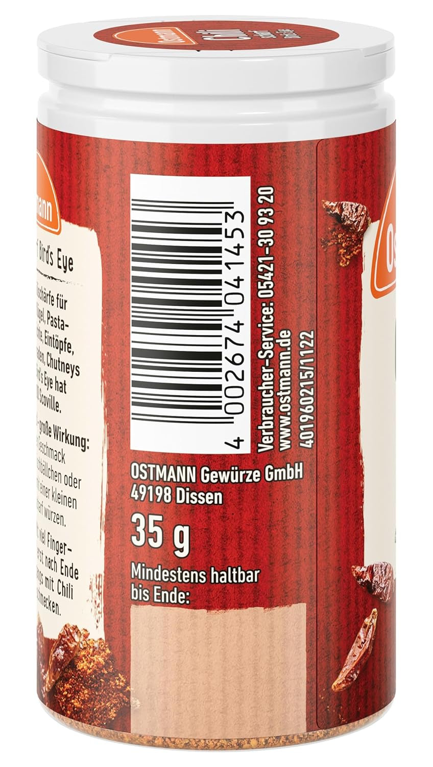Ostmann Gewürze - Chili scharf Ojo de pájaro | Féurige Scharfe für Fleischgerichte und Eintöpfe | 35 g en Der Streudose