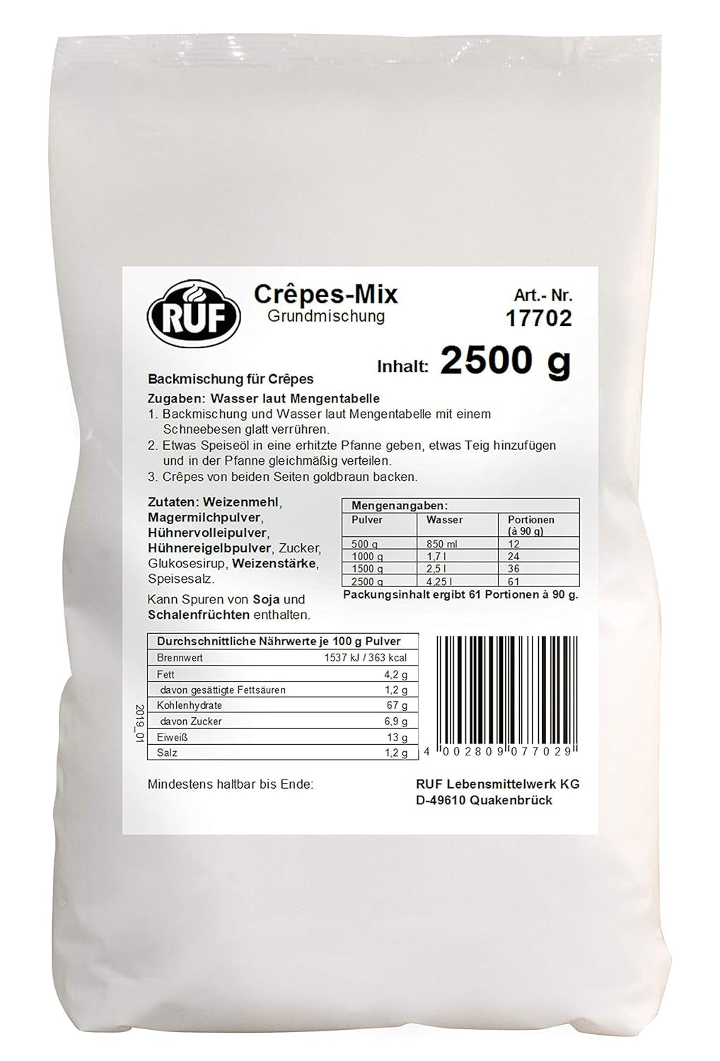 RUF Waffel-Mix, Großpackung, Grundmischung Zur Herstellung Von Waffeln Im Waffeleisen, Für Großküchen, Kantinen, Hotels Und Restaurants, 1 X 2500G Mezcla para hornear y cocinar Naty Shop Crêpesteig Single