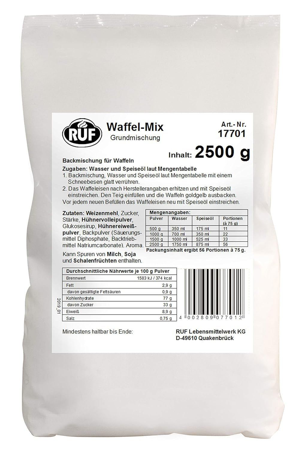 RUF Waffel-Mix, Großpackung, Grundmischung Zur Herstellung Von Waffeln Im Waffeleisen, Für Großküchen, Kantinen, Hotels Und Restaurants, 1 X 2500G Mezcla para hornear y cocinar Naty Shop Wafelteig Single