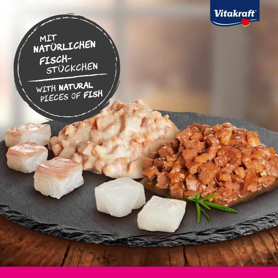Vitakraft Poésie Délice, Fish Selection, Nassfutter Katze, Katzennassfutter in Sauce, mit Seelachs, mit Kabeljau, ohne Zusatz von Zucker und Getreide (1 Paket mit 6x 85g)