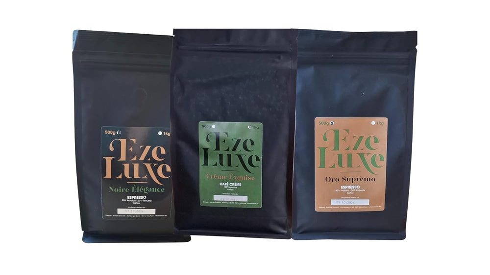 Cafea Espresso Noire Elegance 500g – 50% Arabica și 50% Robusta din Brazilia și India – prăjire medie, puternică și cremoasă cu ciocolată neagră – intensitate 8 – incl. espressor gratuit