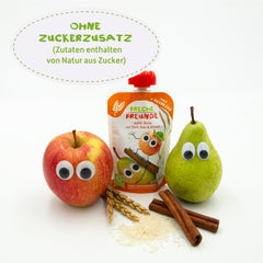 FRECHE FREUNDE Bolsa de fruta orgánica exprimible, manzana, canela, pera, arroz, puré de fruta de espelta con cereales para bebés a partir de 6 meses, vegano, paquete de 6 (6 x 100 g)