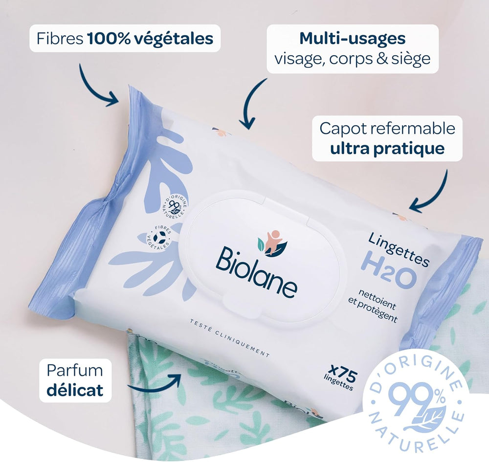 BIOLANE - Toallitas húmedas para bebés con agua - 225 toallitas - 3 x 75 piezas - Limpieza suave y eficaz - Desde el nacimiento - Calidad francesa