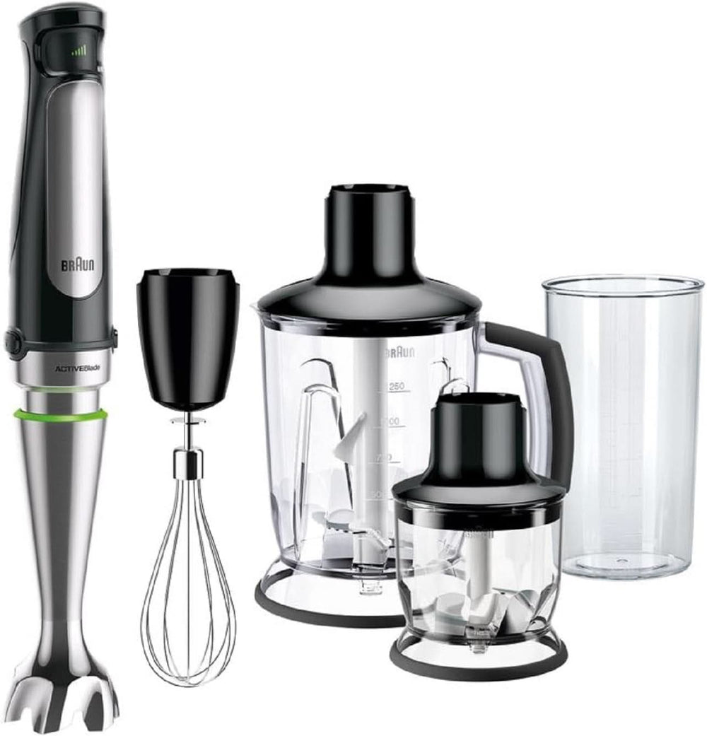 Braun Multiquick 7 MQ 7035X Stabmixer - Pürierstab Mit Abnehmbarem Edelstahl Mixfuß Mit Activeblade Technologie Zum Pürieren Der Härtesten Ingredient, Inkl. Set de 3 piezas Zubehör, 1000 W, Schwarz Kitchen Naty Shop Schwarz Standmixer-Aufsatz