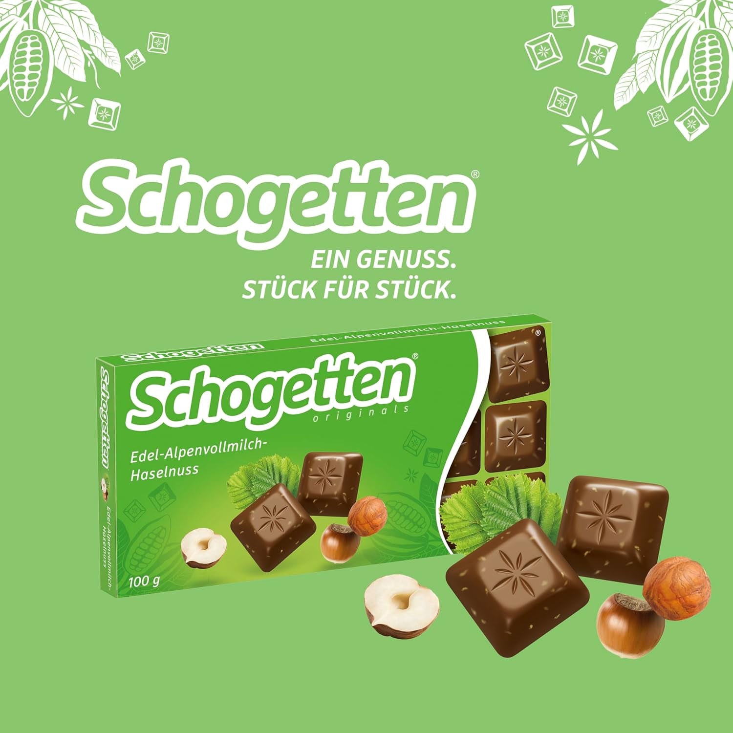 Chocolate con leche alpino Schogetten Premium con avellanas, barra de chocolate de 100 g, en porciones individuales. Una delicia. Pieza por pieza.