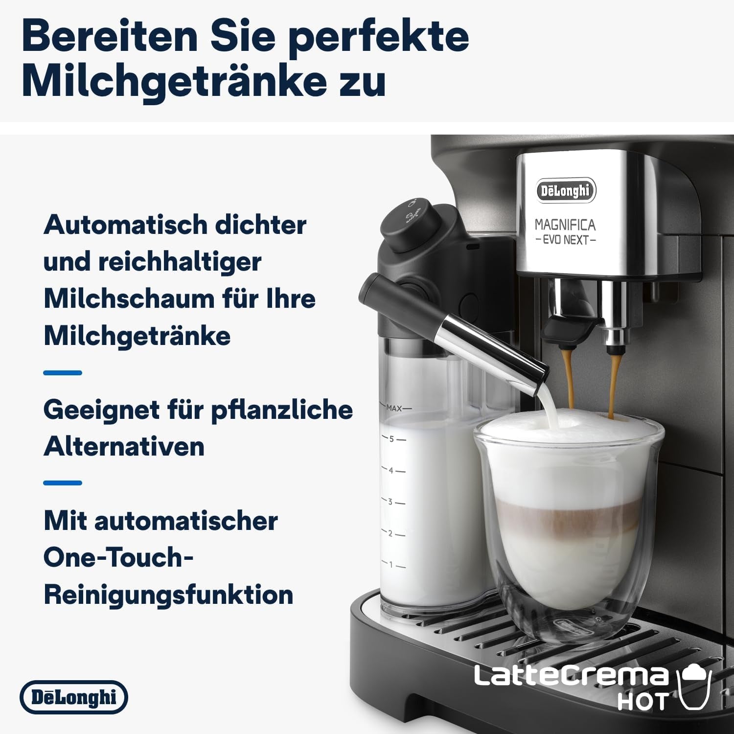 De'Longhi Magnifica Evo Next - Perfetto Espressor complet automat cu spumator de lapte LatteCrema, 13 băuturi cu o singură atingere, aparat de cafea și cappuccino, ecran tactil color, titan (ECAM312.80.TB)