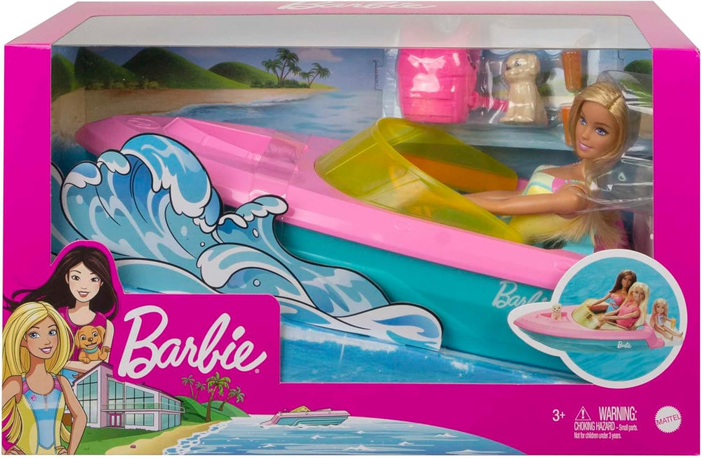 Barbie Speedboat Set, Barbiepuppe mit blonden Haaren, rosa Schwimmweste, Boot, Welpe, Zubehör, Geschenke für Kinder ab 3 Jahren, GRG30