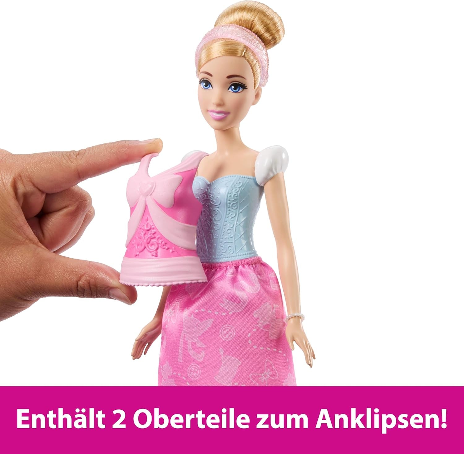 Mattel Disney-Princess-Spielzeuge, Cinderella-Modepuppe con 2 looks, 9 accesorios, 2 Oberteile zum Anklipsen y 2 Röcke. Película 2 en 1 inspirada en Disney Film, JCR95