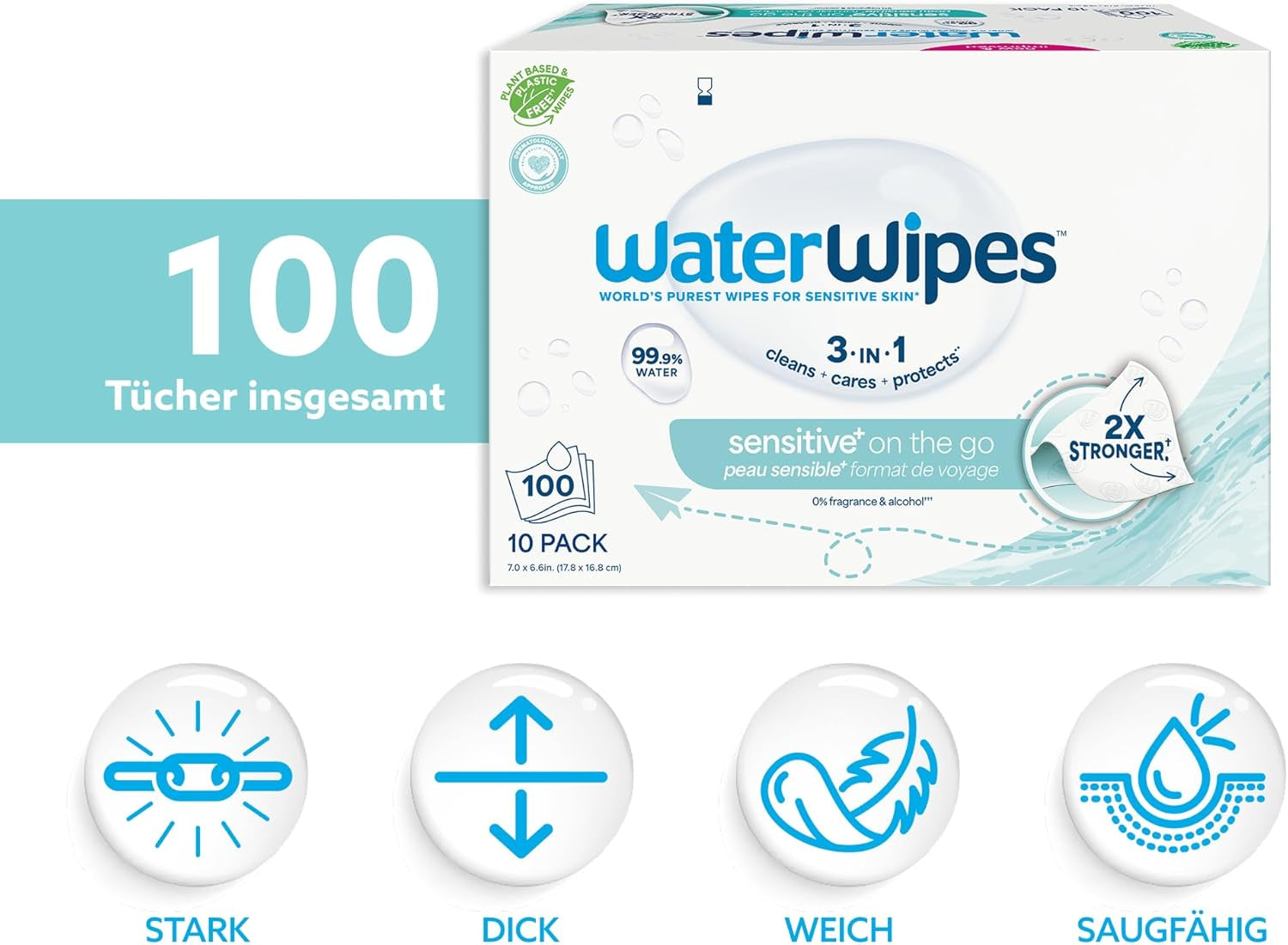 Toallitas húmedas WaterWipes Sensitive+ On The Go, 100 toallitas (paquete de 10), 3 en 1 limpia, cuida, protege, 99,9 % agua, toallitas sin fragancia