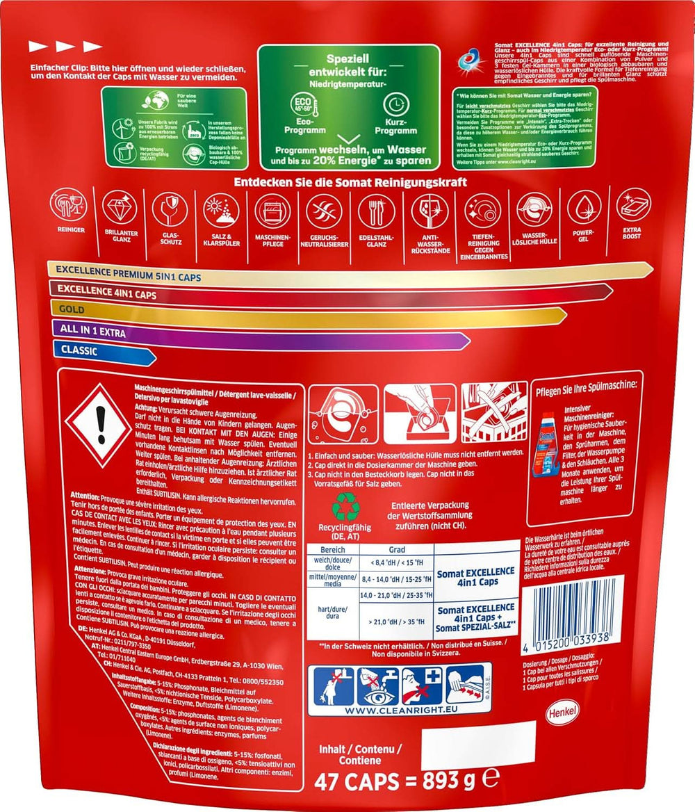 Somat Excellence 4En1 Caps (141 Caps), Detergente para lavavajillas de disolución rápida Naty Shop Detergentes de Cocina