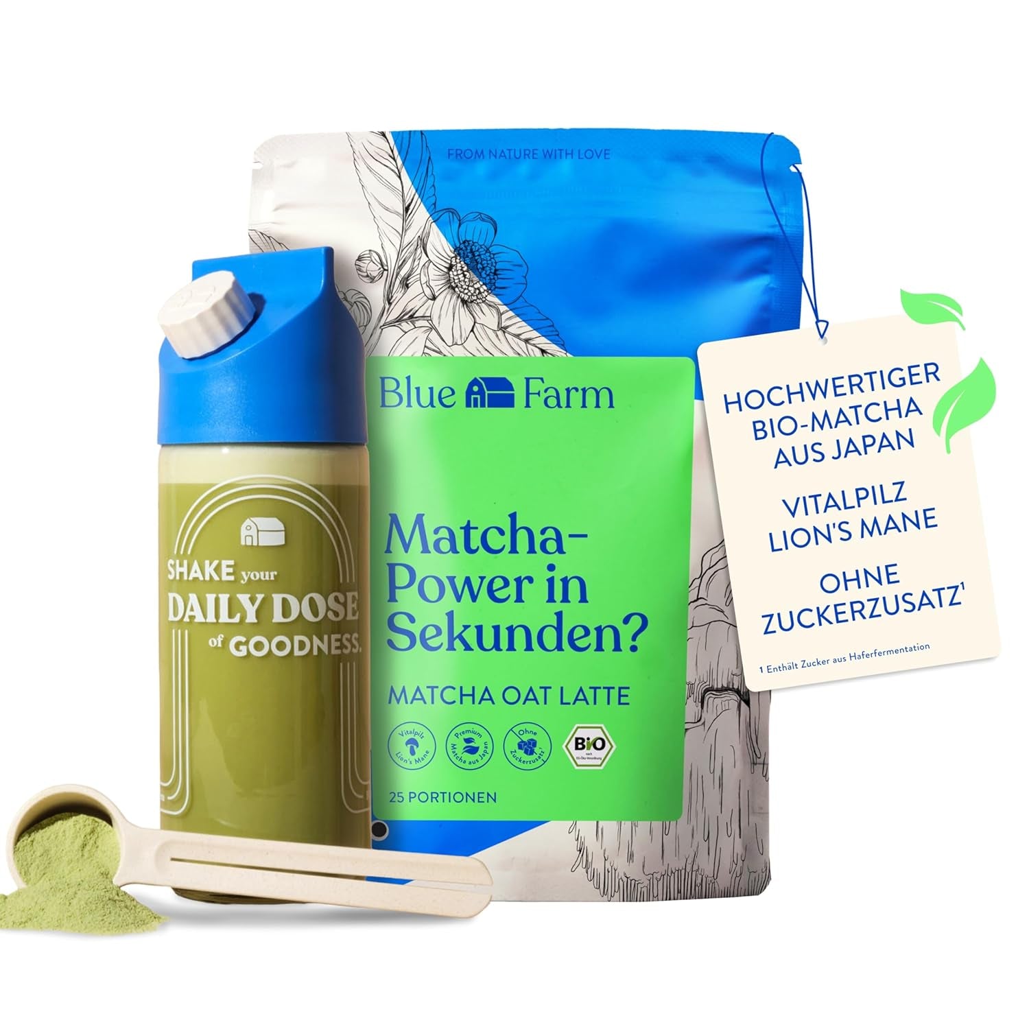 Blue Farm Bio Matcha Oat Latte auf Haferbasis ohne Zuckerzusatz - Mit dem Vitalpilz Lion's Mane - Vegano - sin lactosa y sin gluten (300 g, Matcha)