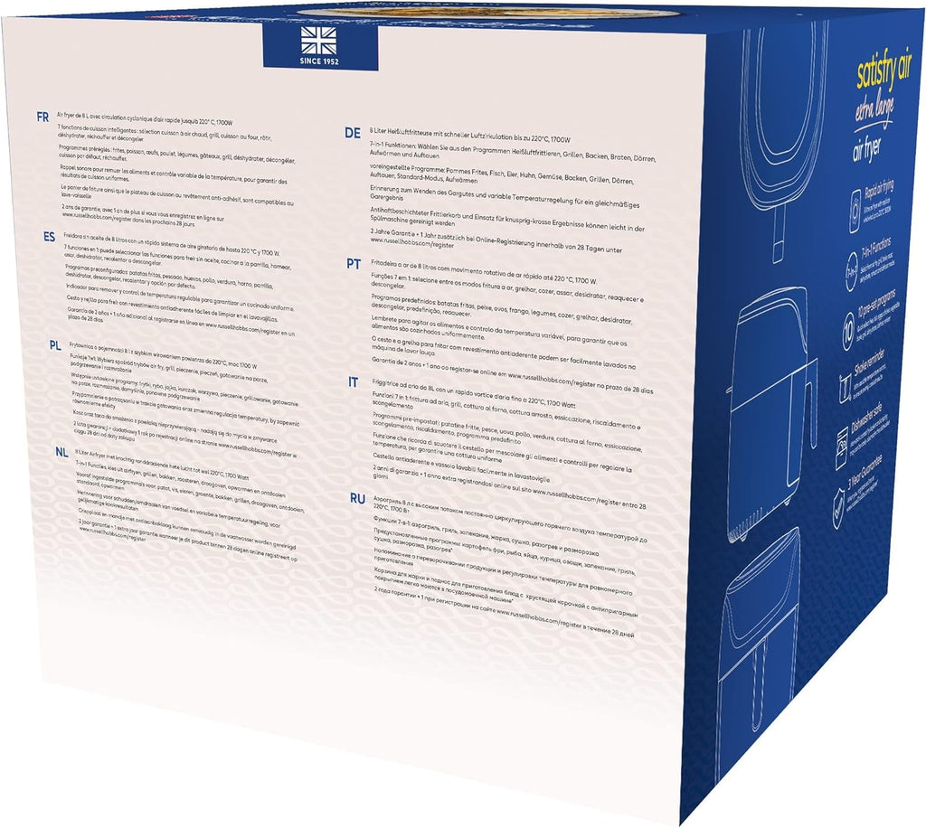 Russell Hobbs Heißluftfritteuse XXL 8L Rapid Airfryer [Kompaktes Gehäuse,7 Kochfunktionen,10 Programme] Satisfry (Spülmaschinenfest, Max 220°C, Fritteuse Ohne Öl, Grillen, Backen, Braten) 27170-56 Naty Shop
