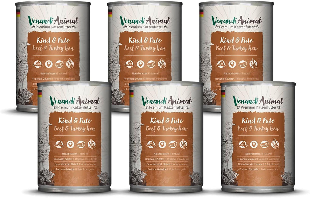 Venandi Animal Premium Hrană umedă pentru pisici, Tasting Pack III, pui, curcan, vită, pui + iepure, vițel, curcan, 6 X 200 G, fără cereale și naturală, 1.2 Kg