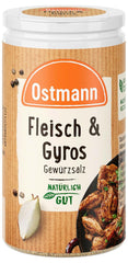 Ostmann Gewürze - Fleisch & Gyros Gewürzsalz | Pikantes Gewürz mit mediterraner Note für ggrilltes und gebratenes Fleisch | Mit praktischem Streuaufsatz | 50 g en un colador