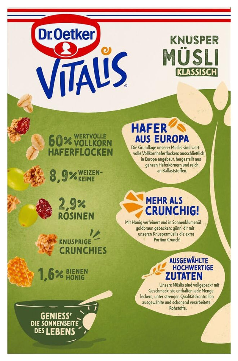 Dr. Oetker Vitalis Classic Crispy Muesli: paquete grande de muesli crujiente para el desayuno con pasas, 1 paquete, 1,5 kg