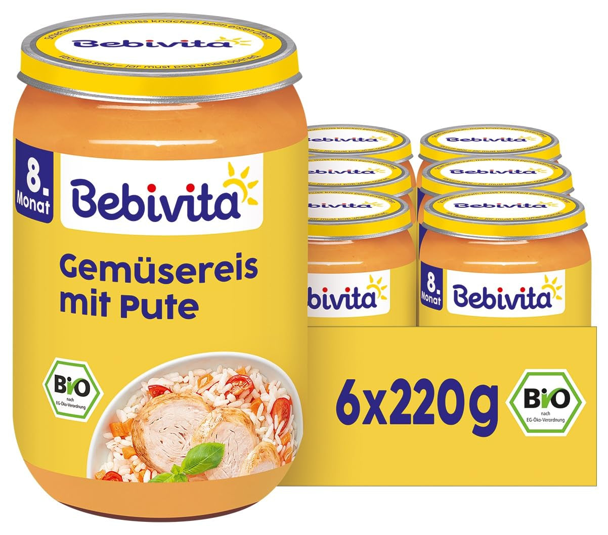 Comidas a partir de 8 meses: Arroz con verduras y pavo tierno, 220g, pack de 6 (6x220g)