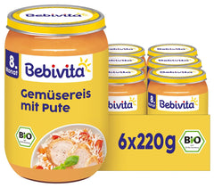 Comidas a partir de 8 meses: Arroz con verduras y pavo tierno, 220g, pack de 6 (6x220g)