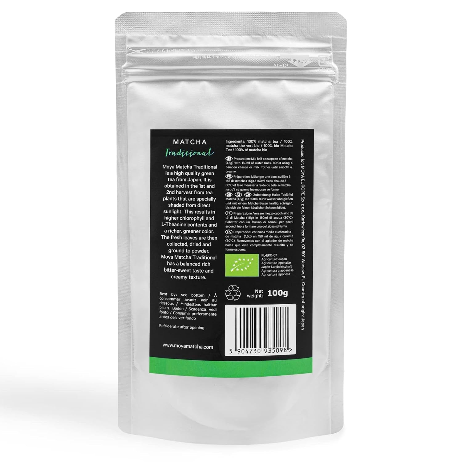 Moya Matcha ceai organic pudră verde | 100 g calitate tradițională de ceremonie 30 g | Cultivat și recoltat organic în Uji, Japonia | Perfect pentru a fi băut cu apă, latte matcha, smoothie-uri și limonade