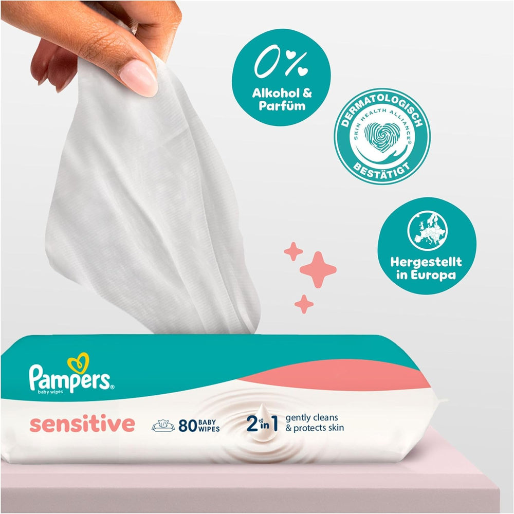 Pampers Toallitas para bebé sensibles, paquete de 15 de 80 toallitas, 1200 toallitas para bebé, limpieza suave y protección de la piel 2 en 1