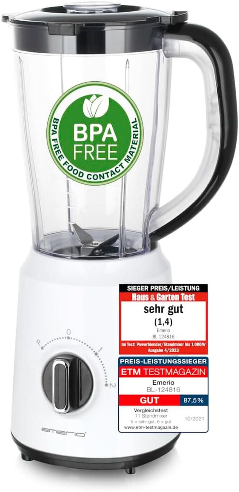 Emerio Batidora con base BPA Frei Crush Ice Función 1,5 L Behälter 2 Geschwindigkeiten + Pulse Funktion Messereinheit Aus Edelstahl Sicherheitsschalter Geschirrspülgeeignet 500 Watt BL-12816.8 Schwarz Bucatarie Naty Shop Weiß
