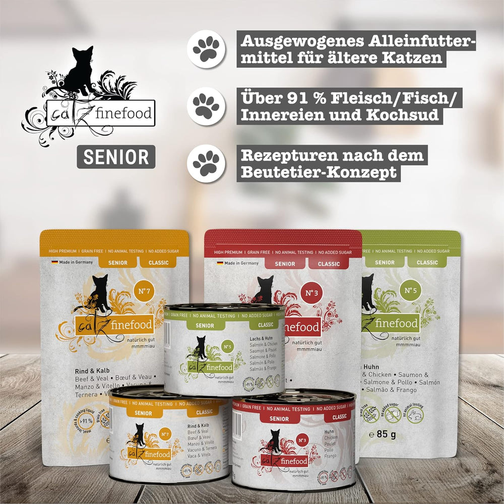 catz finefood Senior Collection Katzenfutter nass - Premium Nassfutter für Ihre Senior Katze - getreidefrei, ohne Zucker, hoher Fleischanteil, Vitamine & Mineralien (6 x 200g Dose)
