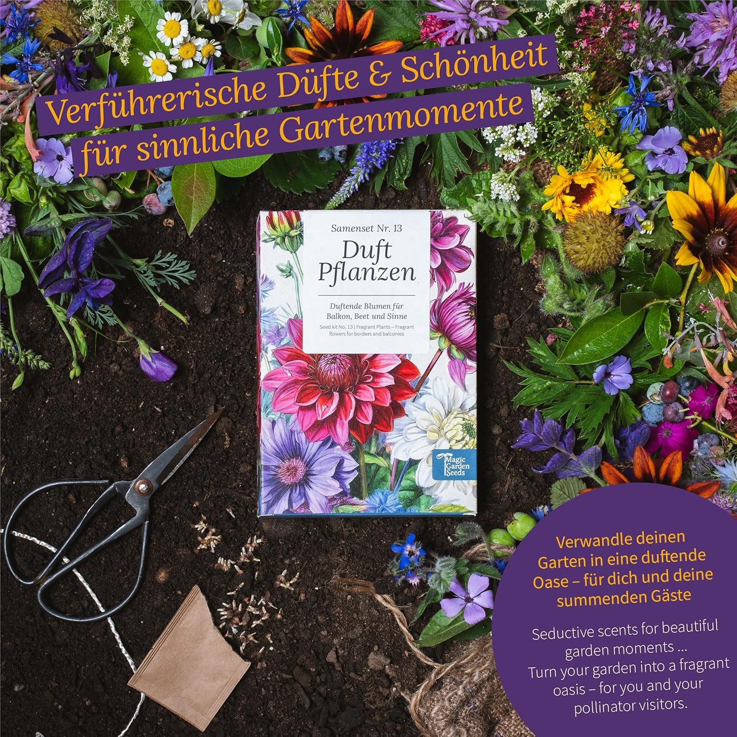 Magic Garden Seeds - Caja de semillas de plantas aromáticas - Magia floral para balcón, parterre y sentidos - Semillas polinizadas gratis, flores encantadoras como idea de regalo para entusiastas de la jardinería