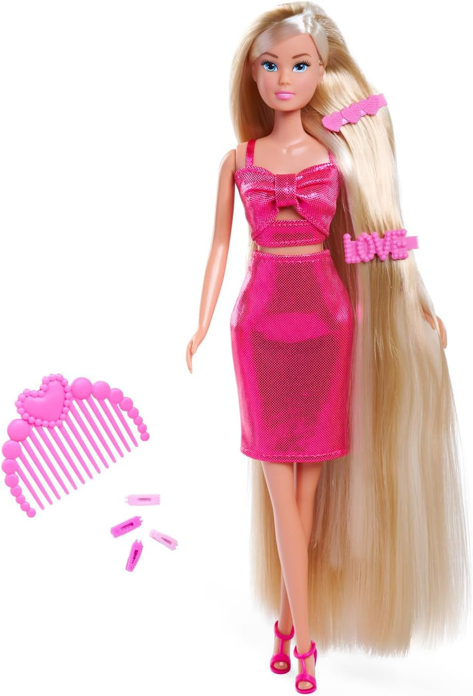Simba Steffi Love Dream Hair – Puppe de tobillo con cabello extra largo, inkl. Haarclips & Kamm, im pinken Glitzerkleid, 29 cm groß, Frisierpuppe für Kinder ab 3 Jahren