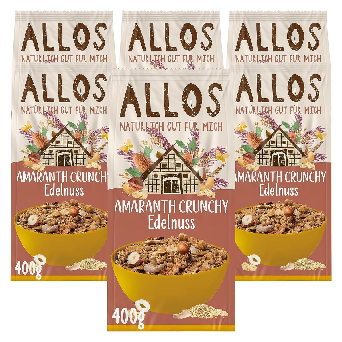 Muesli crujiente premium con nueces y amaranto Allos | Muesli orgánico | Muesli con nueces | Avena | Cereales para el desayuno | Vegano | Paquete de 6 (6 x 400 g)