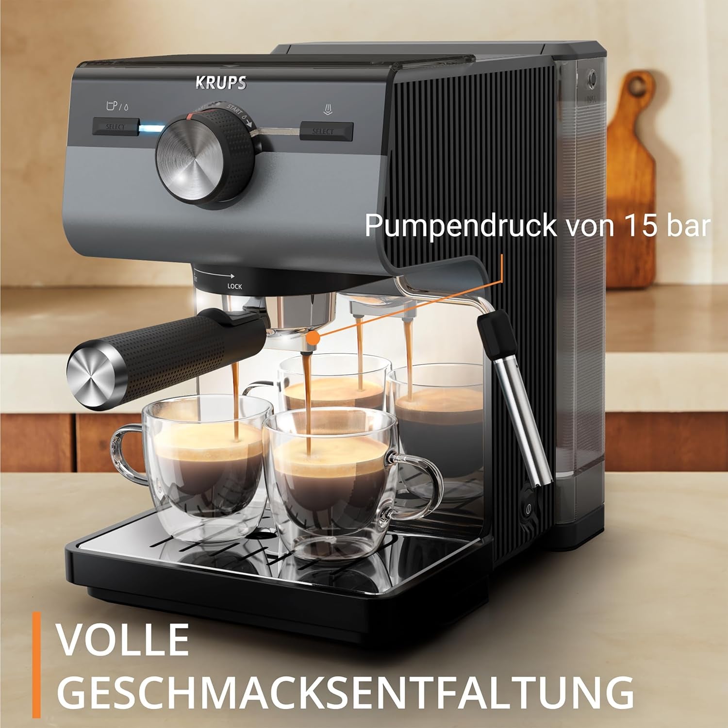 Espressor KRUPS Authentic+, 15 bari, operare intuitivă, design sofisticat, duză de abur, inclusiv accesorii extinse, Bullet Argintiu închis/Oțel inoxidabil, XP384G10