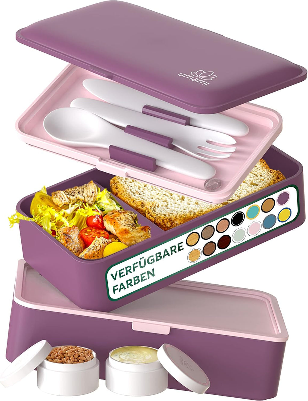 Cutie de prânz Umami pentru adulți, cutie bento stivuibilă etanșă cu 4 tacâmuri și compartimente, cutie de prânz pentru adulți, recipient pentru salată to-go, cutie de prânz pentru picnic / birou, gri cărbune, 1500 ml