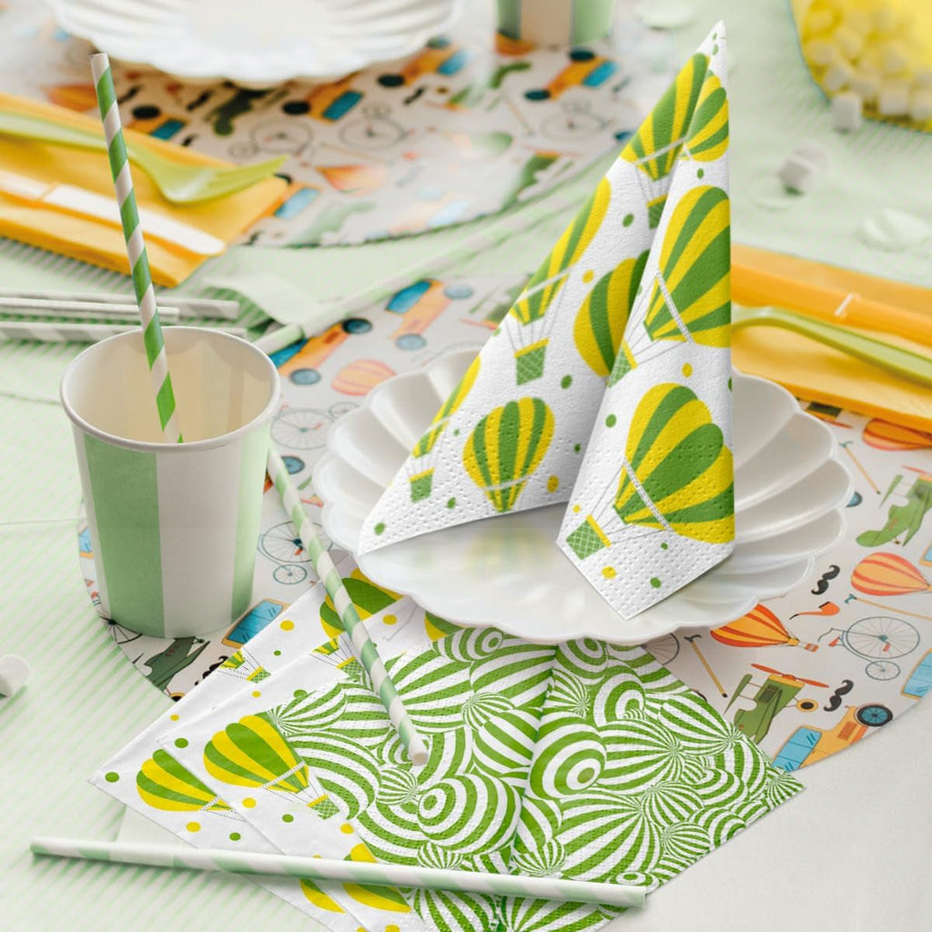 PAW - Șervețele față-verso 3 straturi (33 X 33 cm) I 20 bucăți I Perfect pentru zile de naștere, petreceri, nunți, comuniuni, sărbători I Decorațiuni de masă imprimate pe ambele părți - Flori boho păsări I Baloane dungate