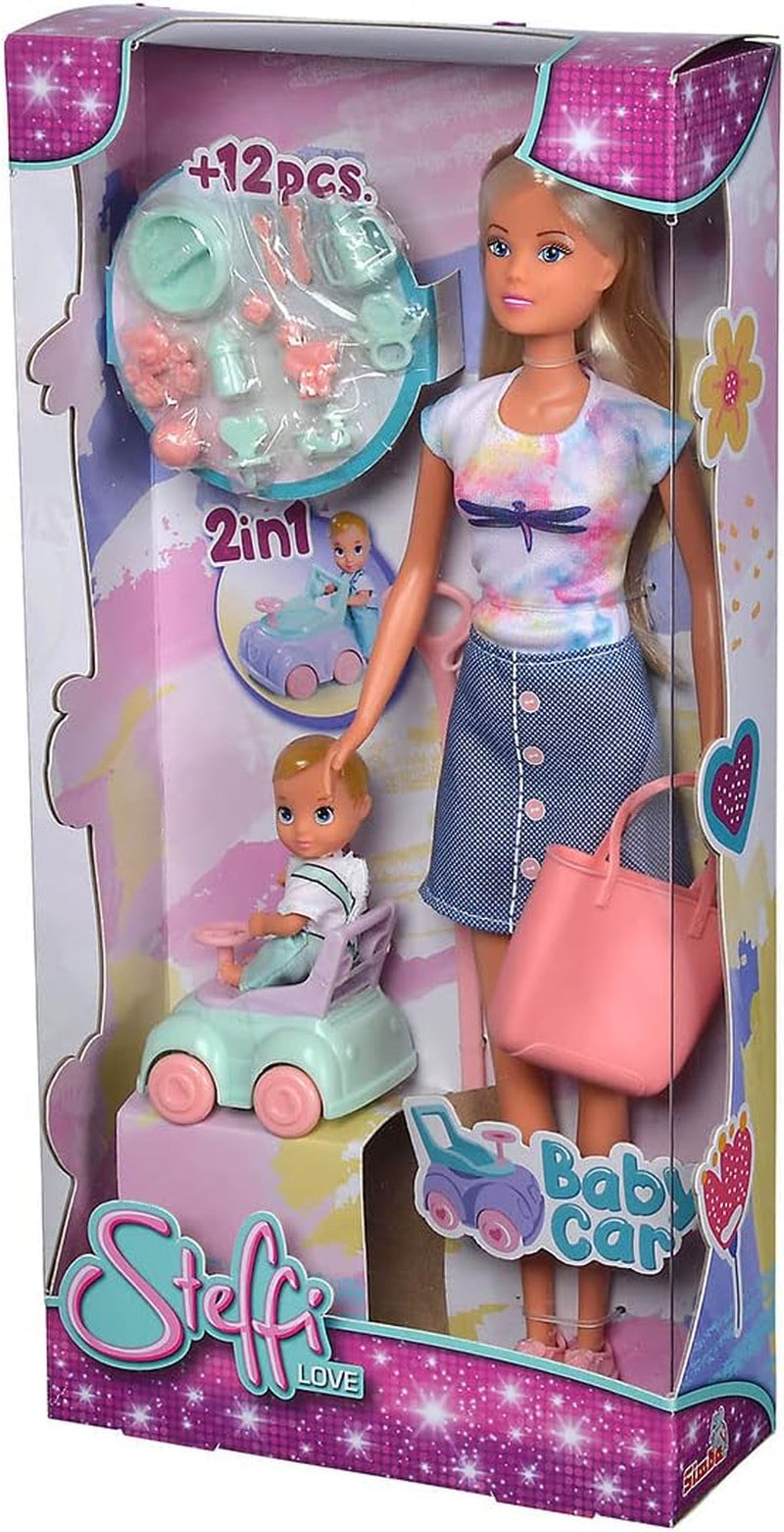 Simba 105733585 - Steffi Love Baby Car, Ankleidepuppe mit Kind, Laufauto, función 2 en 1, mit Handtasche und Babyzubehör, 12 Teile, 29cm Puppe, ab 3 Jahren