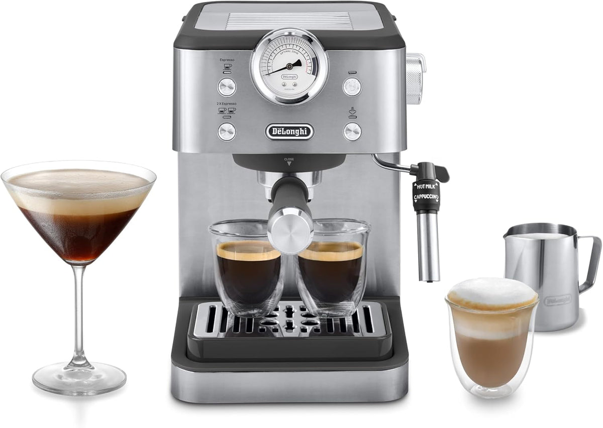 Espressor portafiltru De'Longhi Classic EM450.M cu spumator de lapte profesional, carcasă complet metalică, 15 bari, rezervor de apă de 1,7 l, oțel inoxidabil/metal
