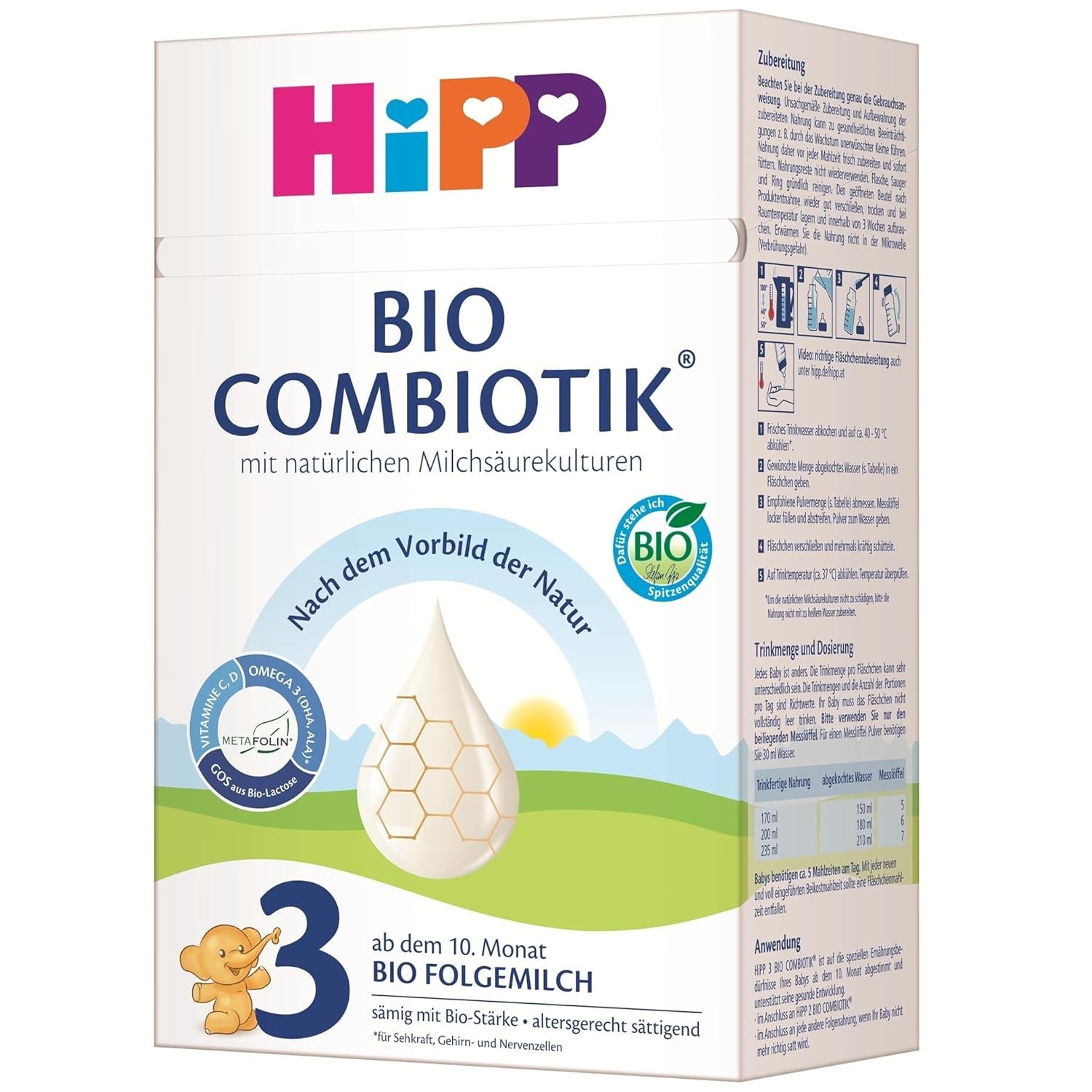 HiPP 3 Organic Combiotik (4 x 600g), leche de continuación a partir de 10 meses, con cultivos naturales de ácido láctico, vitaminas C y D, GOS, Omega-3 (DHA, ALA), de la mejor calidad biológica