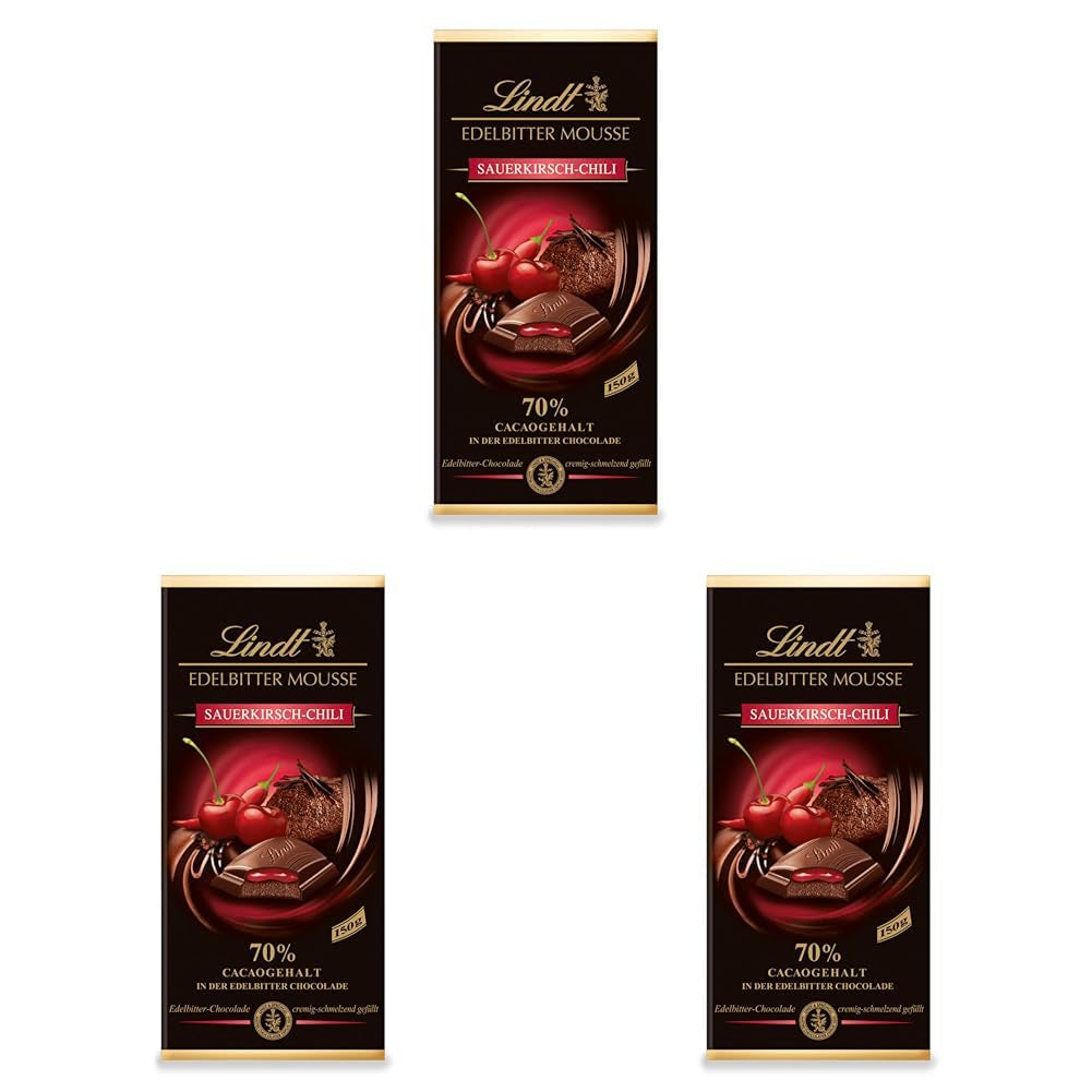 Mousse de chocolate amargo Lindt con chile y cerezas | Barra 150g | Con 70% de contenido de cacao y relleno de mousse de chocolate negro y chili cherry | Barra de chocolate | Chocolate oscuro