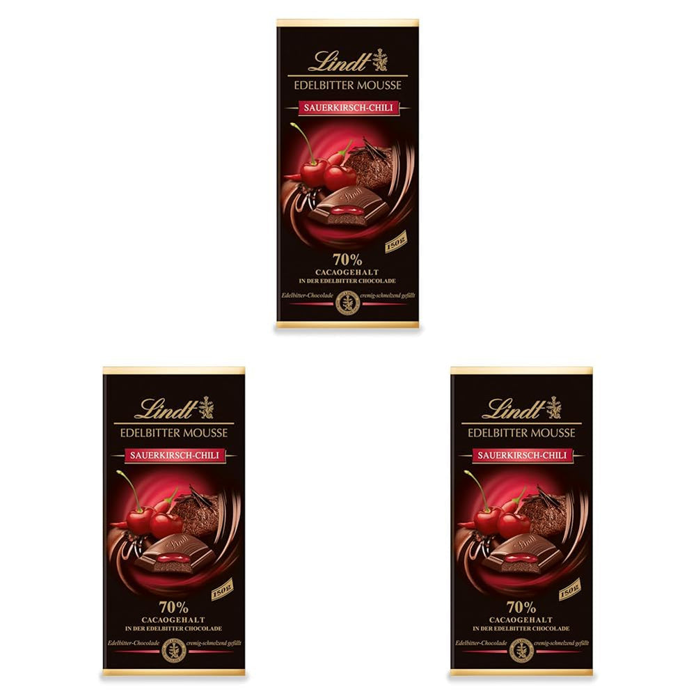 Mousse de chocolate amargo Lindt con chile y cerezas | Barra 150g | Con 70% de contenido de cacao y relleno de mousse de chocolate negro y chili cherry | Barra de chocolate | Chocolate oscuro