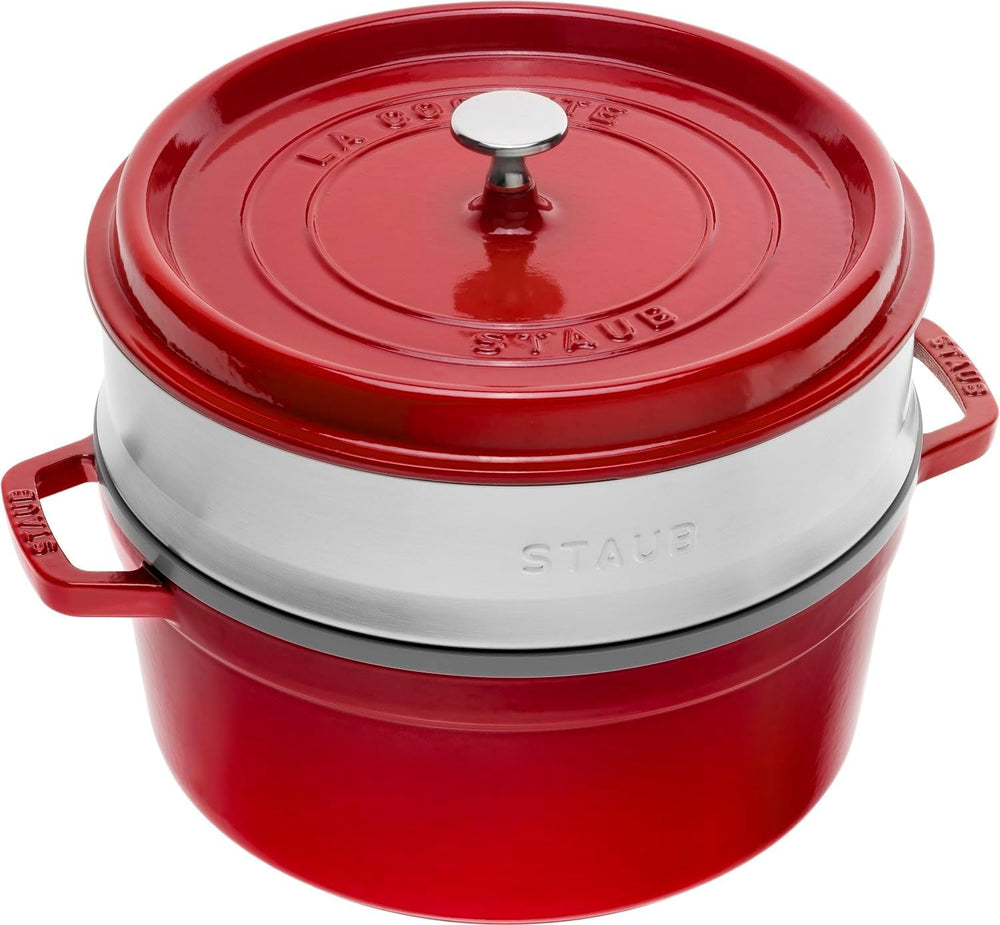 STAUB Gusseisen Bräter/Cocotte, Mit Dämpfeinsatz Aus Edelstahl, Rund 26 Cm, 5,2 L, Aromaregen Funktion Für Optimale Befeuchtung, Für Alle Herdarten Inkl. Induktion & Backofen, Kirschrot, Rot Moldes y bandejas de horno Naty Shop Rot