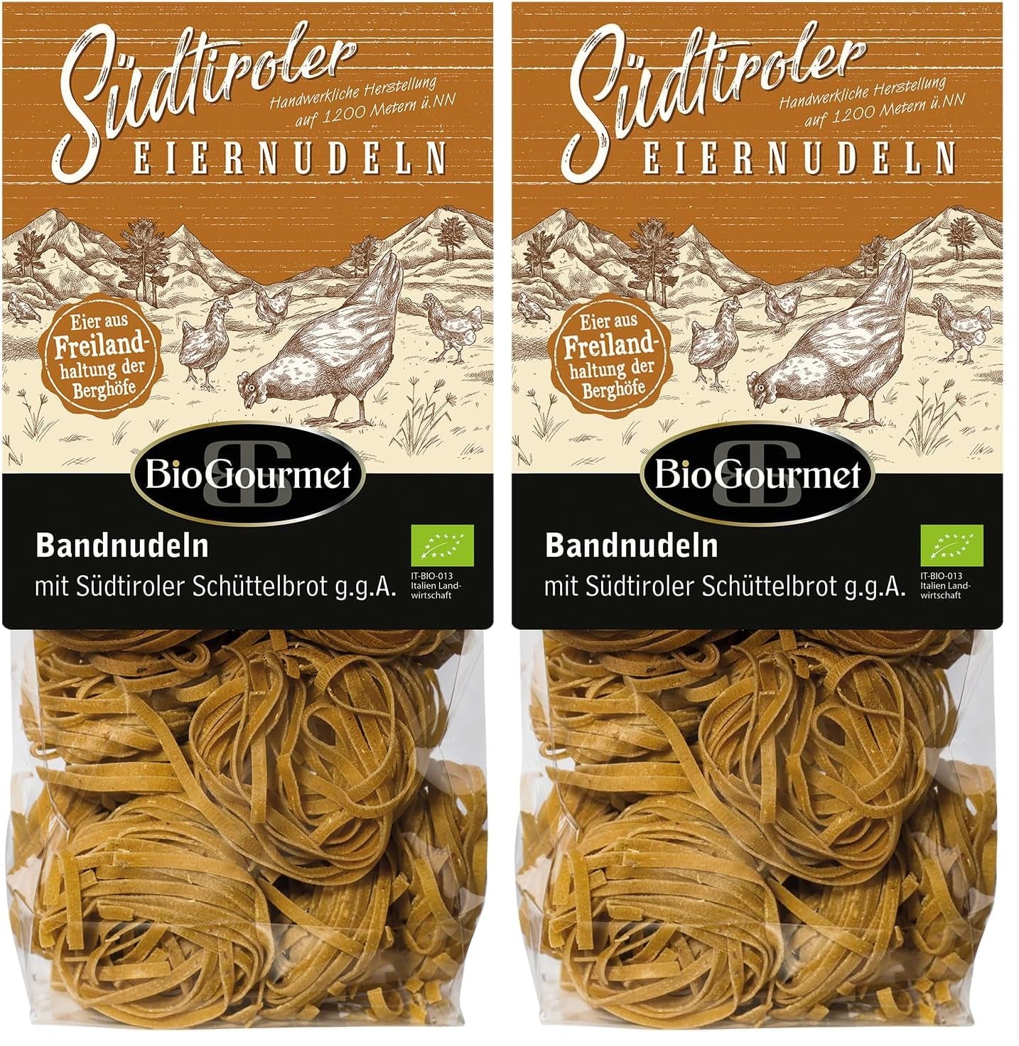 Fideos de cinta BioGourmet con Schüttelbrot del Tirol del Sur (IGP) | Fideos al huevo salados y aromatizados con auténtico speck del Tirol del Sur | 1 x 250g Bio