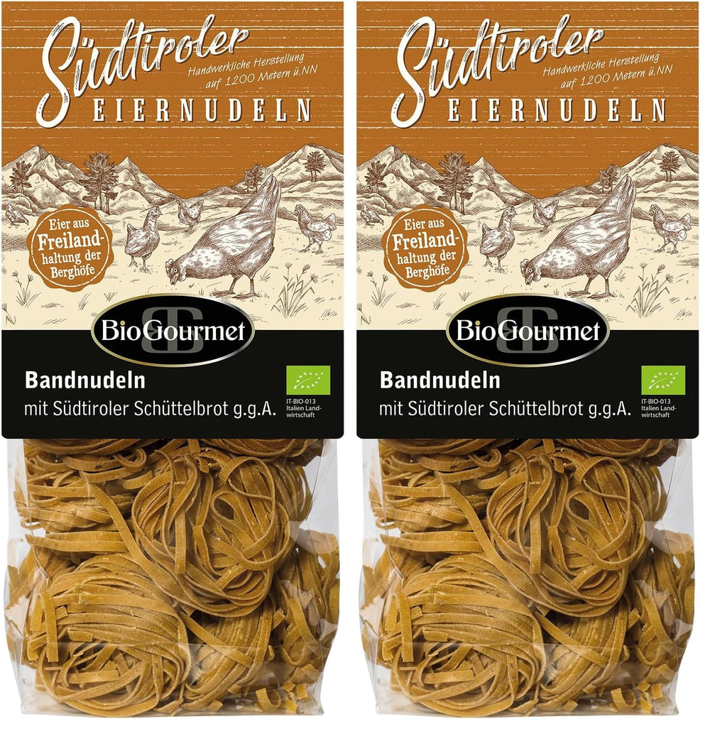 Fideos de cinta BioGourmet con Schüttelbrot del Tirol del Sur (IGP) | Fideos al huevo salados y aromatizados con auténtico speck del Tirol del Sur | 1 x 250g Bio