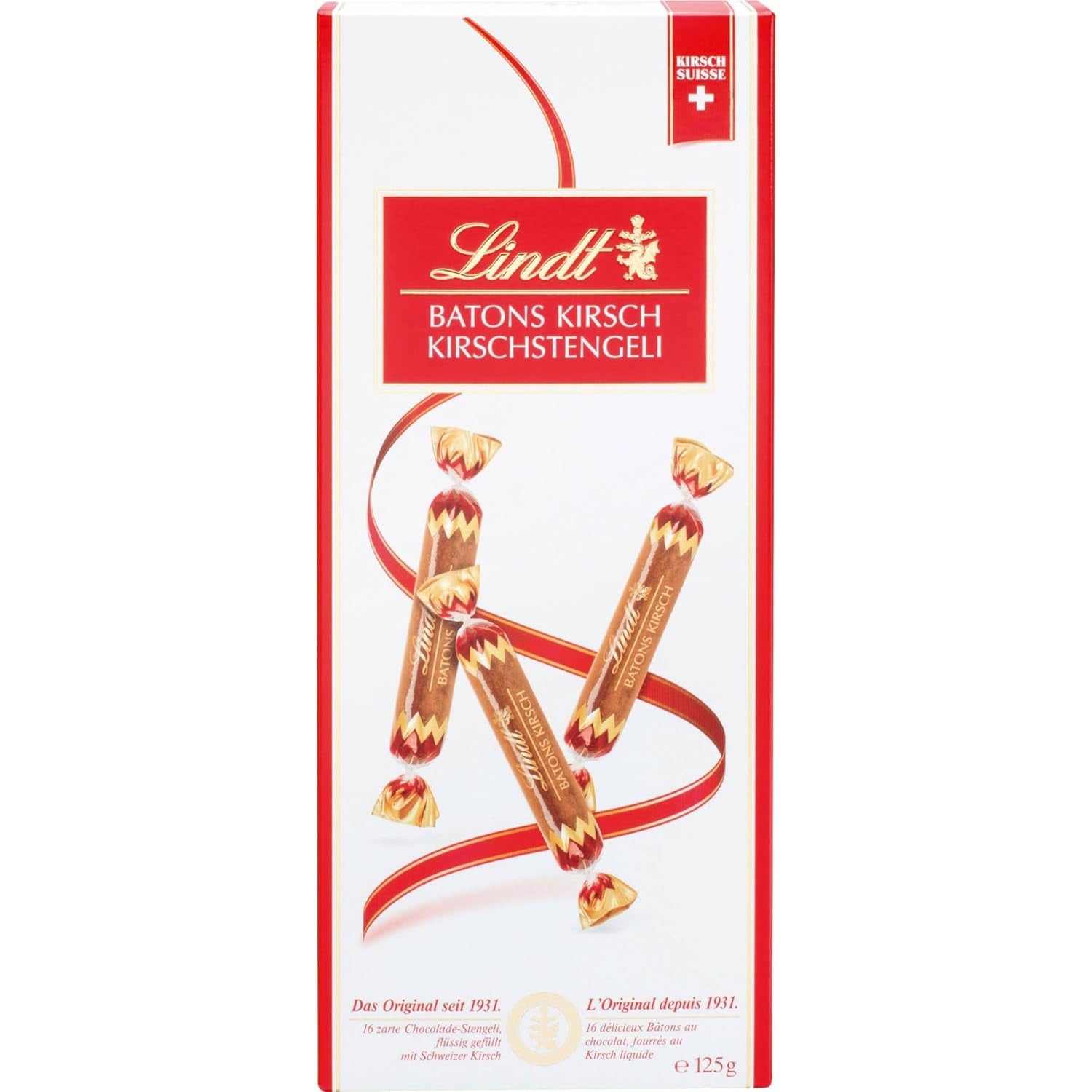 Barras de chocolate Lindt con tallos de cereza | 250 g 32 barras de chocolate con leche rellenas de líquido con cereza suiza | Regalo de chocolate con alcohol | regalo de chocolate
