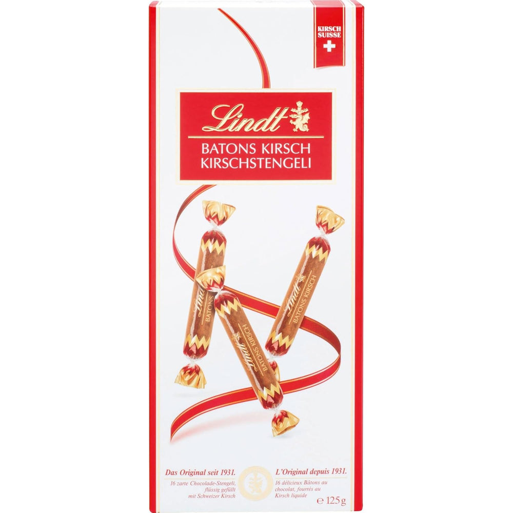 Barras de chocolate Lindt con tallos de cereza | 250 g 32 barras de chocolate con leche rellenas de líquido con cereza suiza | Regalo de chocolate con alcohol | regalo de chocolate