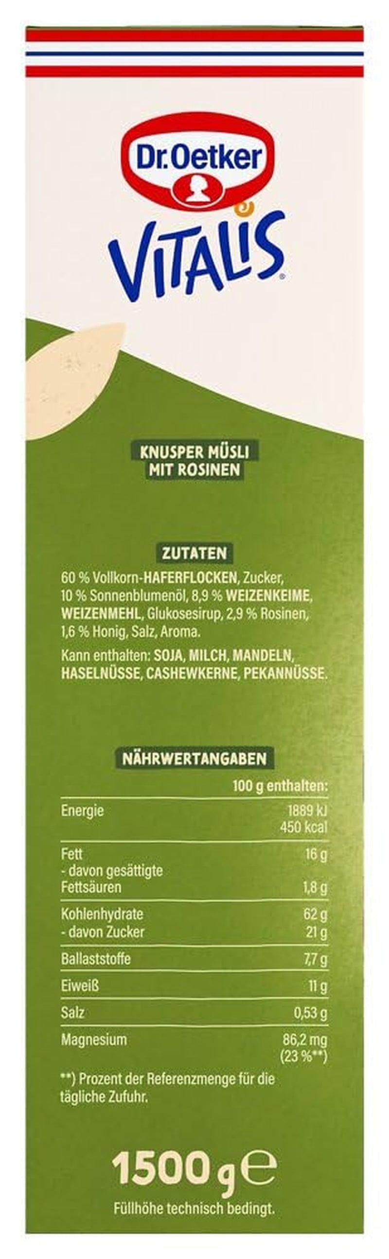 Dr. Oetker Vitalis Classic Crispy Muesli: paquete grande de muesli crujiente para el desayuno con pasas, 1 paquete, 1,5 kg