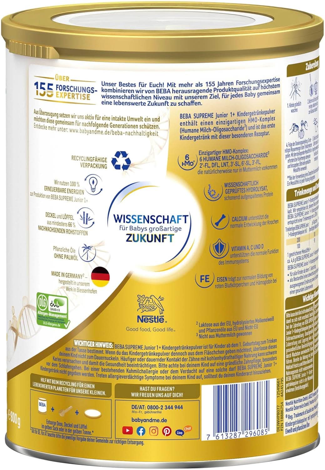Bebida infantil BEBA SUPREME Junior 1+ a partir de 1 año, alimento para niños con complejo 6 HMO, solo lactosa, sin aceite de palma, pack 6 (6 x 800 g) Madre e Hijo Naty Shop