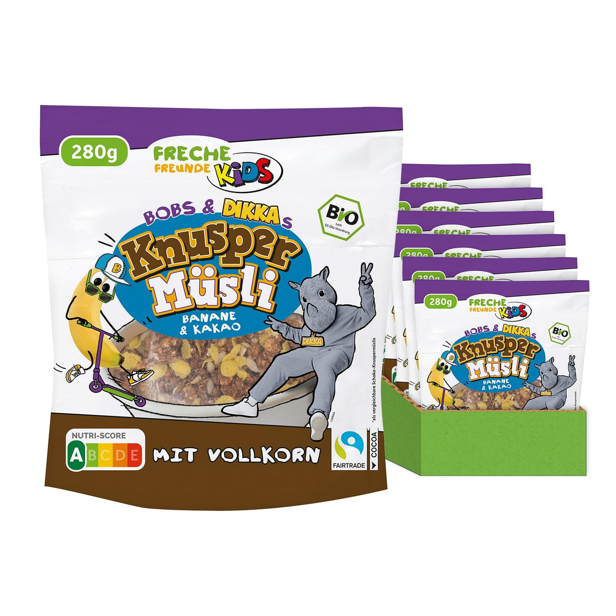 FRECHE FREUNDE KIDS, Bobs & DIKKAs Muesli crujiente de plátano y cacao, Muesli crujiente de chocolate para niños, bajo en azúcar, sin aditivos, 100% vegano, 6 piezas (6 x 280 g)