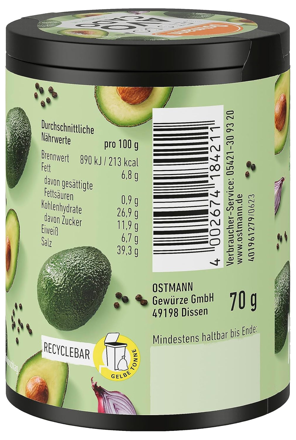 Ostmann Gewürze - Hagamos aguacate | Salsa para aguacate, guacamole o tazones | Cobertura crujiente con galletas, queso crema y sésamo negro | 70 g en barra de reciclaje Metalldose
