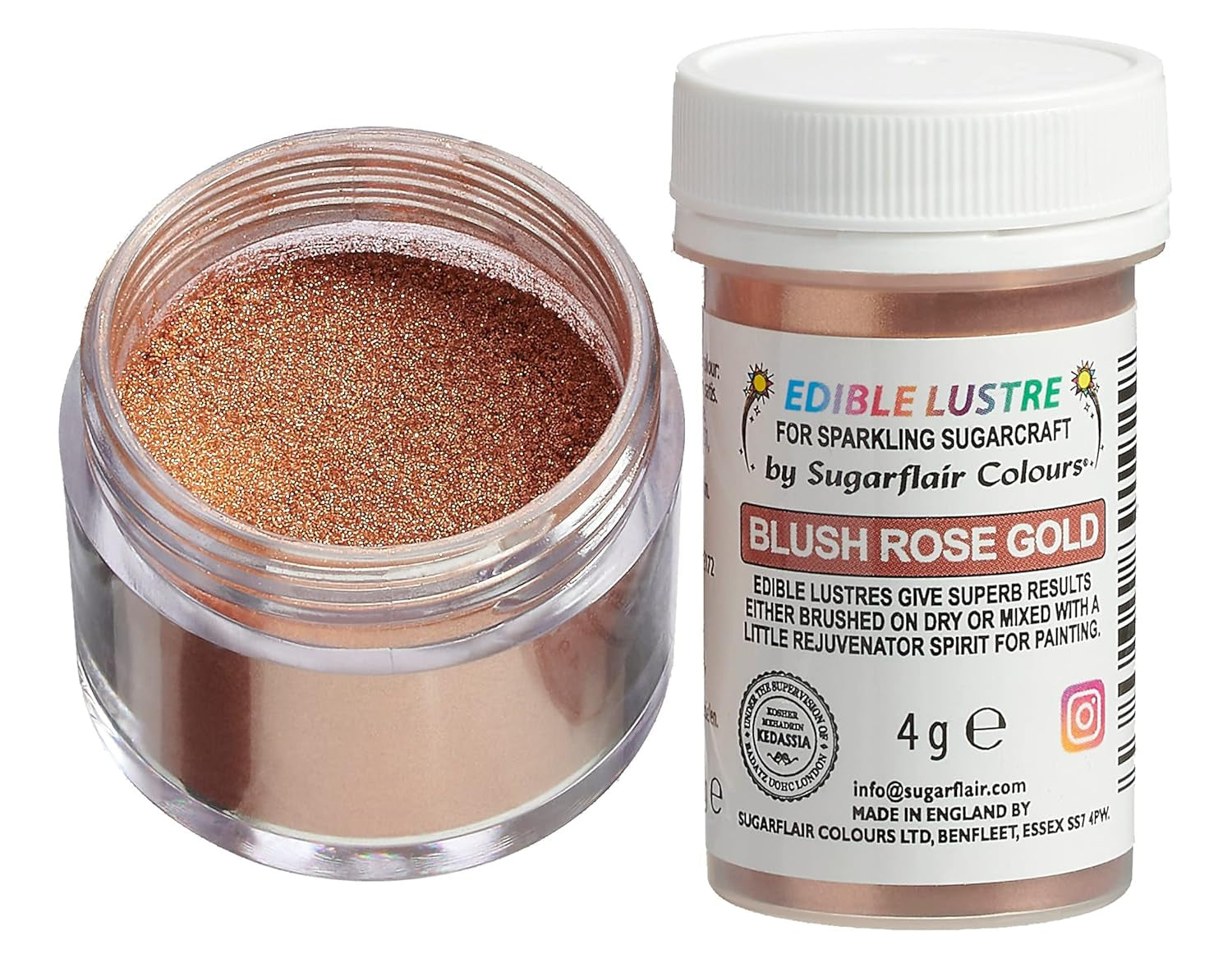 Colorant alimentar comestibil Sugarflair Lustre Blush Rose Gold - Pudră lucioasă alimentară pentru prăjituri, brioșe, ciocolată, produse de patiserie, deserturi, înghețată, băuturi, cocktailuri și multe altele - 4g
